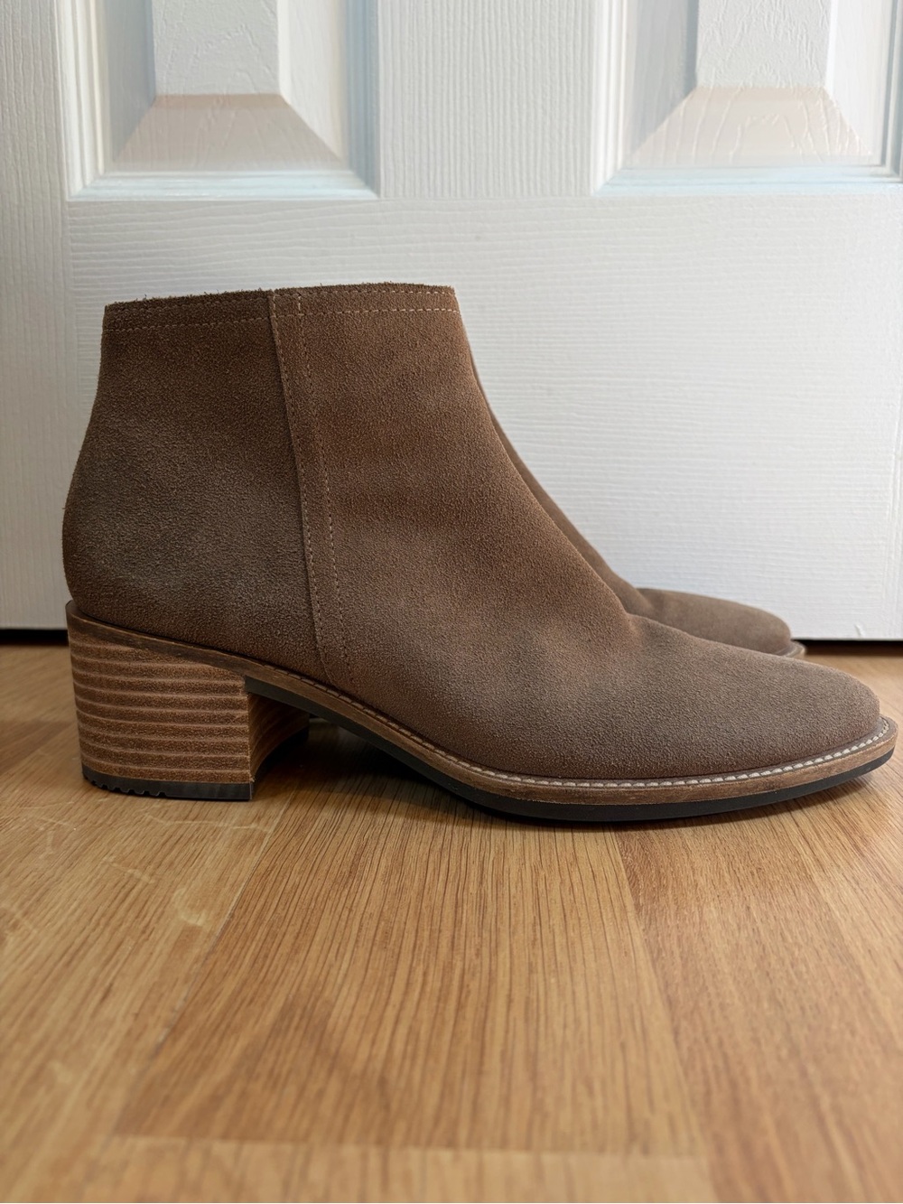 Suede Ankle Bootie in Light Taupe Brown - Women's Classic Block Heel